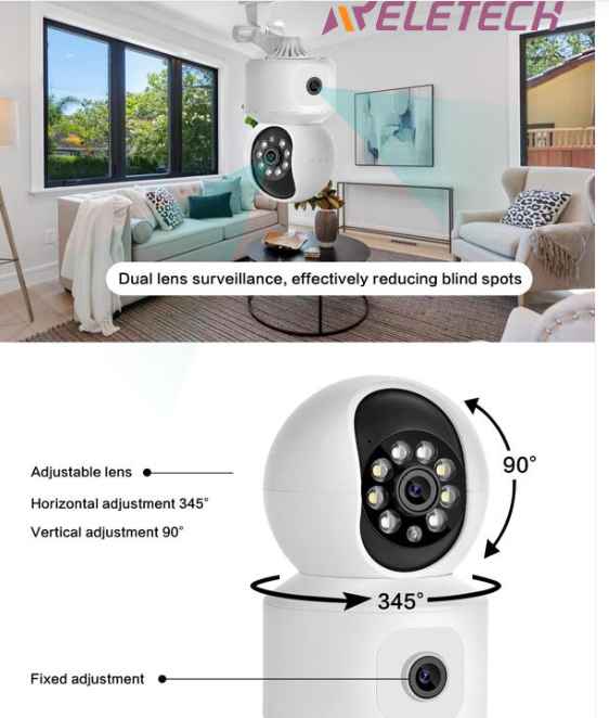 Reletech 1pc 2K Dual Lens Security Camera Surveillance, 2MP X 2 Pan Tilt Zoom WiFi Camera, Indoor Camera for Baby/Pet/Home, Color Night Vision, Cloud & Micro SD Card Storage, 2-Way Audio ,Smart Motion Detection
