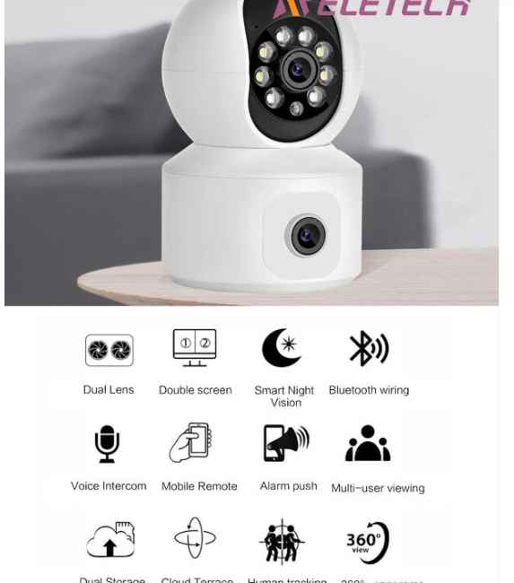Reletech 1pc 2K Dual Lens Security Camera Surveillance, 2MP X 2 Pan Tilt Zoom WiFi Camera, Indoor Camera for Baby/Pet/Home, Color Night Vision, Cloud & Micro SD Card Storage, 2-Way Audio ,Smart Motion Detection