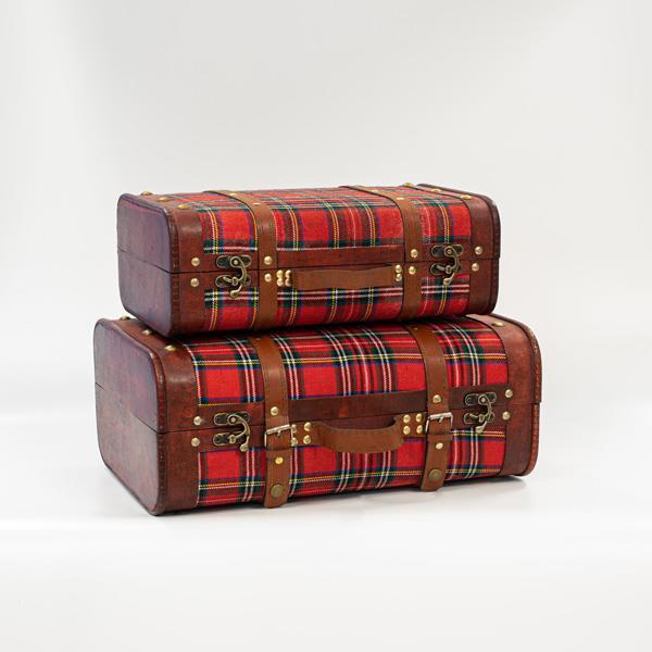 FABRIC SUITCASE, PLAID RED, SET 2 PCS, 42X28,3X17,5CM AND 36X22,5X13,2CM