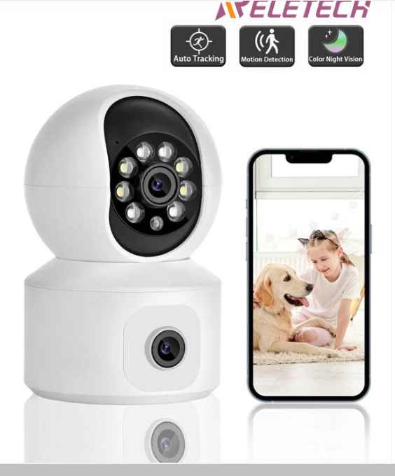 Reletech 1pc 2K Dual Lens Security Camera Surveillance, 2MP X 2 Pan Tilt Zoom WiFi Camera, Indoor Camera for Baby/Pet/Home, Color Night Vision, Cloud & Micro SD Card Storage, 2-Way Audio ,Smart Motion Detection