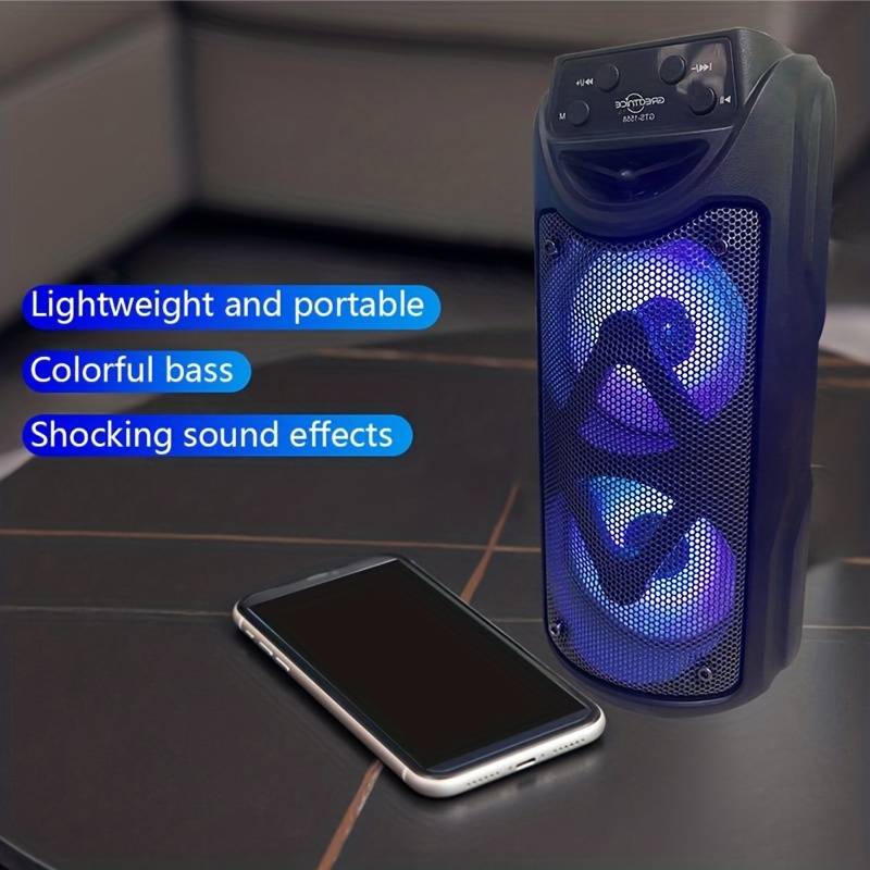 Super Large Sound, Dual 4-inch, Speaker, Outdoor Speaker, LED Light, Pluggable Card, USB, Microphone Connection, Large Camping Speaker, Portable, Wireless, Colorful Light