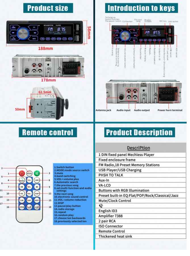 MP3 Multimedia Player Fm Aux SD Colorful Auto Stereo Car Radio