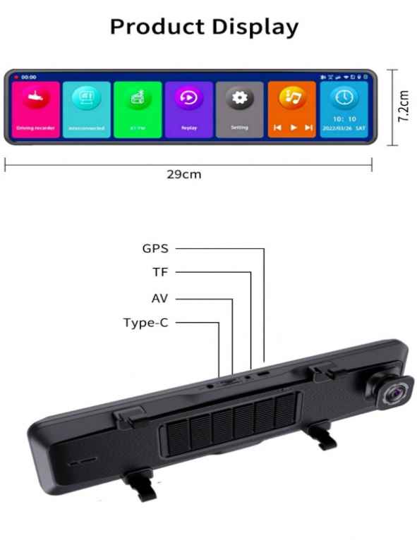 12 Inch Front 4k Hd Dash Cam With Wifi, App, Fm, Bt , Suitable For Any Vehicle