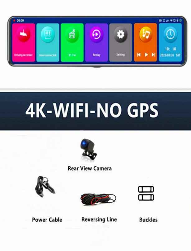 12 Inch Front 4k Hd Dash Cam With Wifi, App, Fm, Bt , Suitable For Any Vehicle