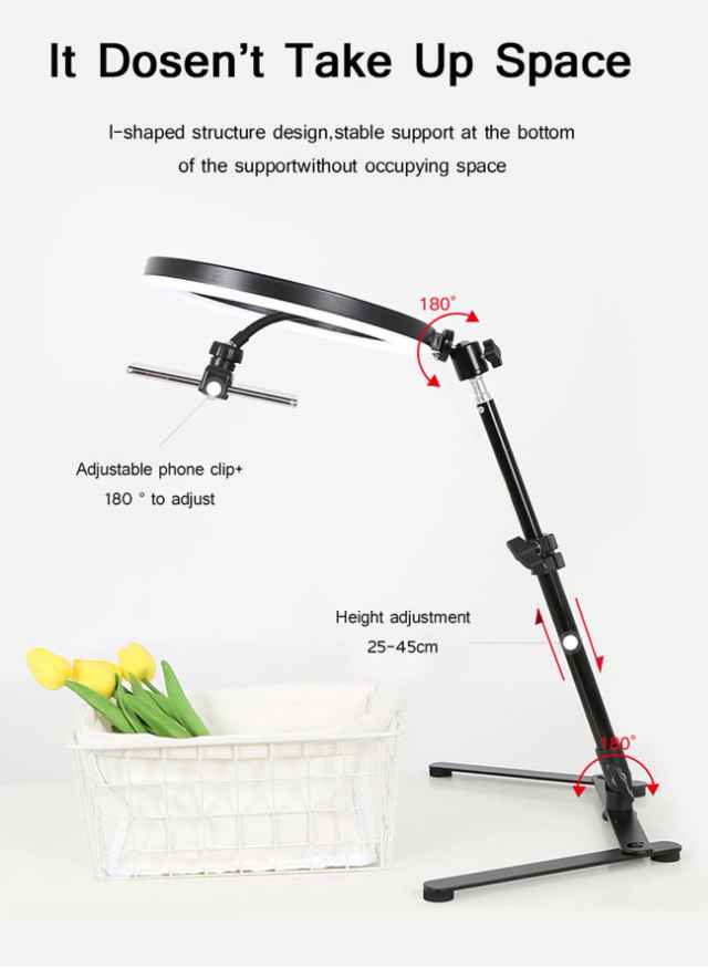 Flat Lay Table Tripod Tabletop Stand Support Bracket for Photography Selfie wit Adjustable 26cm LED Ring Light