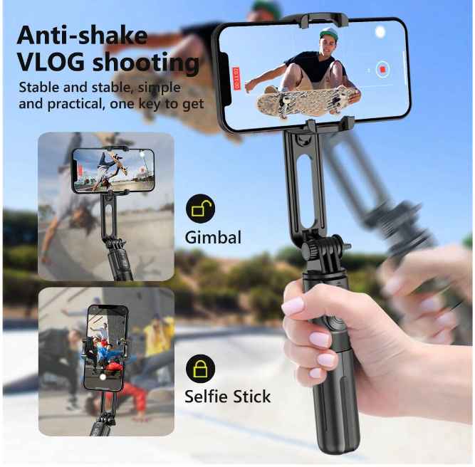 Selfie Stick Gimbal Stabilizer, 360° Rotation Tripod with Wireless Remote, Portable Phone Holder, Auto Balance 1-Axis Gimbal for Smartphones Vlog Youtuber Live Video Record