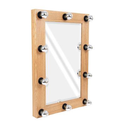 MAKEUP MIRROR-60x90-1 Modern Makeup Mirror with Natural Wood Frame with On/Off Switch 10 x E27 AC220-240V - L60 x W7 x H90cm - Beige Oak