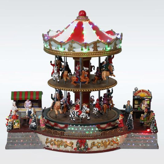 LIGHTED CAROUSSEL, 2 LAYERS, WITH LITTLE STORES, WITH MUSIC AND MOVEMENT, WITH TRANSFORMER, 39X28X34CM