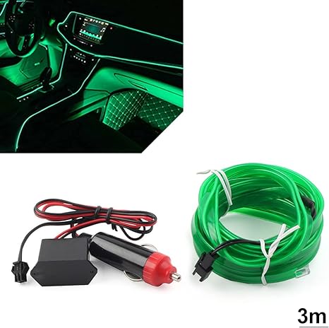 TUBE 360° Degree Decorative EL-Wire Car Neon Cord SET 3m 1W/3m 30lm/m 360° DC 12V with Car Cigarette Lighter Plug Waterproof IP68 Green