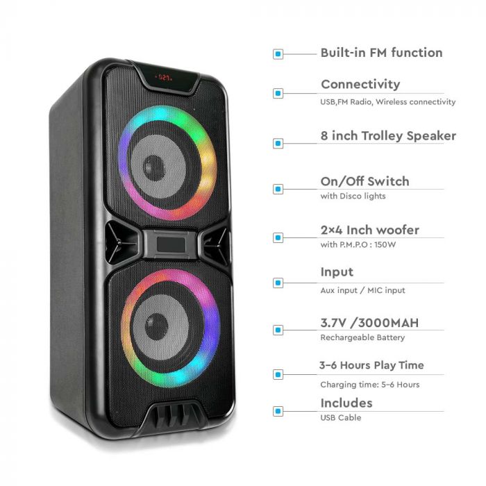2x10W Rechargeable Speaker USB & TF Card Slot RGB 2x4 inch Woofer