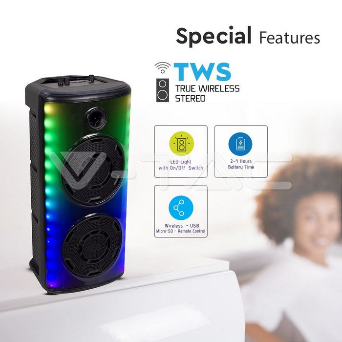 600W Rechargeable Speaker With 1 Wired Microphone RF Control and Handle 2x8 inch