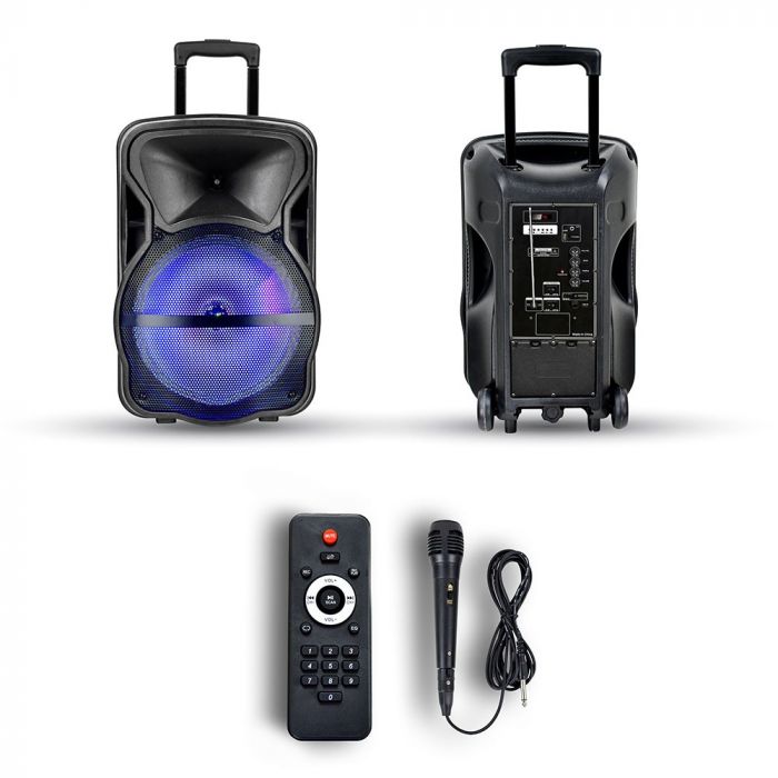 35W RECHARGEABLE TROLLEY SPEAKER WITH WIRED MICROPHONE-RF-RGB (12inch)