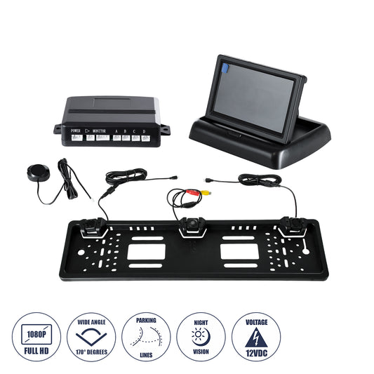 170° License Plate Frame Parking System with 2 Sensors, 1 Night Vision Camera with Parking Lines & Screen 4.3 inch LCD 1080p CMOS Signal DC 12V M11.5 x W7.5 x H2.4cm - 1 Year Warranty