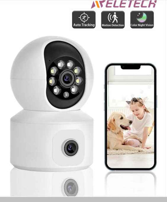 Reletech 1pc 2K Dual Lens Security Camera Surveillance, 2MP X 2 Pan Tilt Zoom WiFi Camera, Indoor Camera for Baby/Pet/Home, Color Night Vision, Cloud & Micro SD Card Storage, 2-Way Audio ,Smart Motion Detection