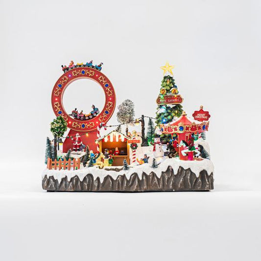 AMUSEMENT PARK, WITH CAROUSELL TRAIN-WHEEL AND TREE, WITH MUSIC AND MOVEMENT, 62 LED, WITH ADAPTOR, 47,5X32X35,5CM