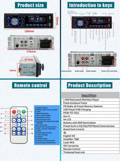 MP3 Multimedia Player Fm Aux SD Colorful Auto Stereo Car Radio