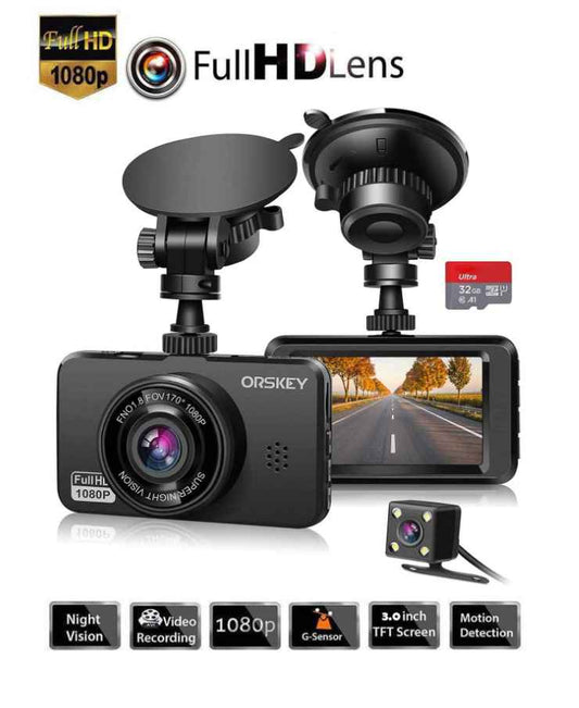 2 Channel Car Dash Cam Front And Rear 3.0 Inch LCD Loop Recording Parking Monitor Included SD Card