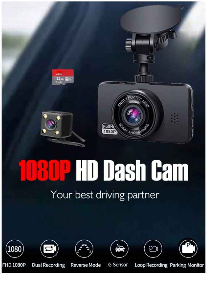2 Channel Car Dash Cam Front And Rear 3.0 Inch LCD Loop Recording Parking Monitor Included SD Card