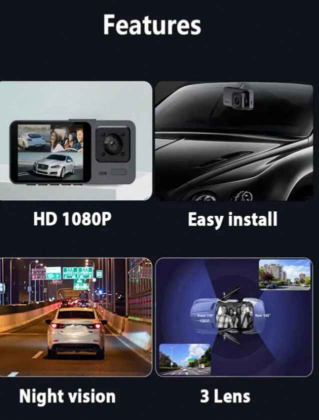 3 Lens 1080P Car Dashcam 2 Inch Mini Car Black Box G-Sensor Video Recording With Parking Monitoring