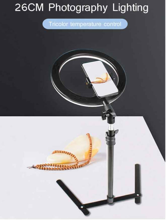 Flat Lay Table Tripod Tabletop Stand Support Bracket for Photography Selfie wit Adjustable 26cm LED Ring Light