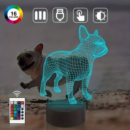 1pc 3D French Bulldog Night Light, Remote Control & Color Changing Night Light, 16 Colors Changing Optical Illusion Lamp