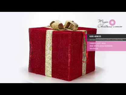 FABRIC GIFT BOX, RED WITH GOLD RIBBON, 50CM