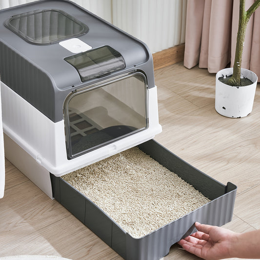 Portable Foldable Cat Litter Box With Anti-Splash Cover And Plastic Scoop - Easy To Clean And Install Pet Toilet With Lid